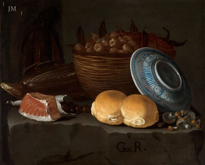 Giuseppe Recco - A still life with bread, tuna, olives, cardoons and a basket of figs | MasterArt
